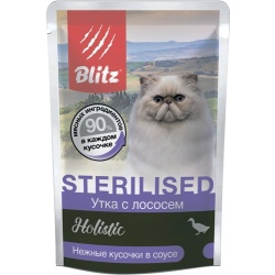 Blitz Holistic Sterilised пауч для стерил. кошек и кастр. котов кусочки в соусе Утка с лососем, 24 шт